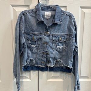 Le Lis Light Blue Distressed Cropped Denim Jacket